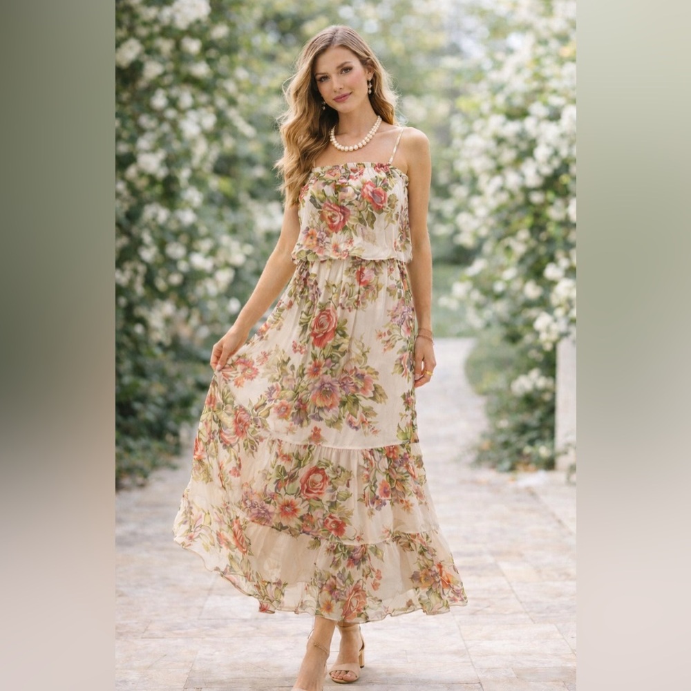 Willow & Clay, Floral Dress Boho Romantic Tiered Spring Wedding Guest Size Lg